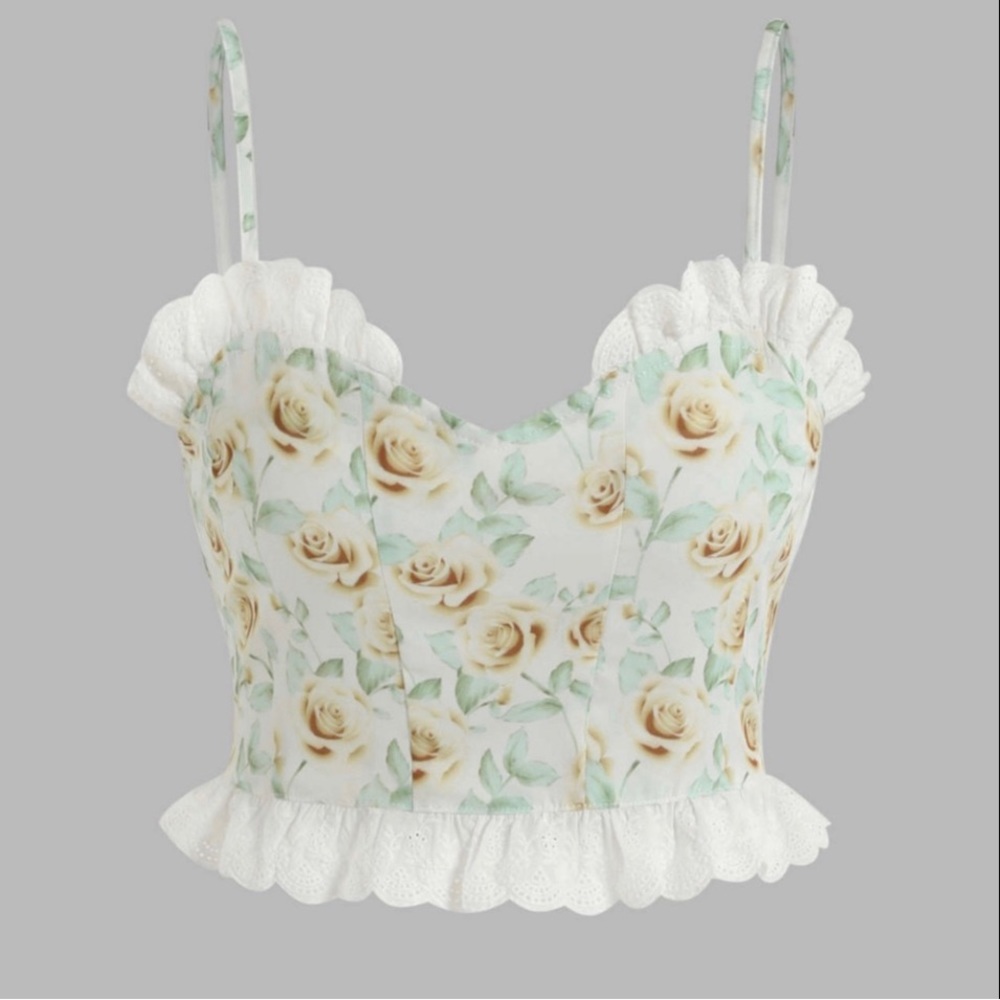 NWT Ballet Core Floral Ruffle Sweetheart Cropped Camisole